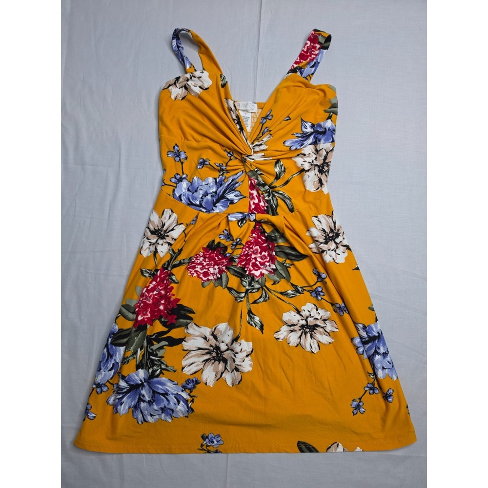 Planet Gold Mini Dress Women's Medium Yellow Floral Print Stretch Smocked Back